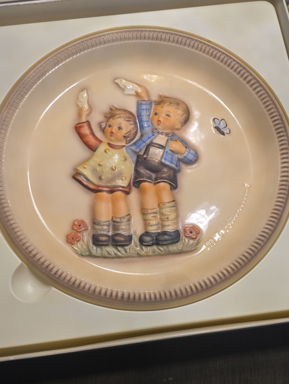 Goebel Ceramic Plaque Featuring Boy and Girl in Pastel Cream, Blue and Brown